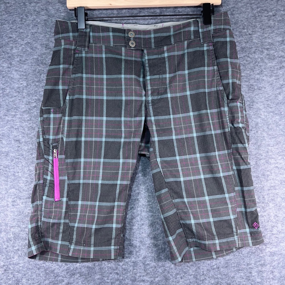 Columbia Omni-Shade Plaid Hiking Shorts Womens 8 Grey Teal Pink Sun‎ Protection